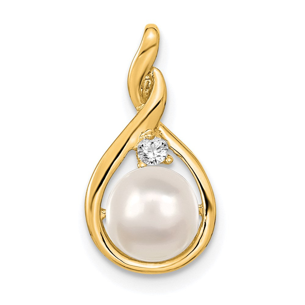 14K Gelbgold 7 mm Anhänger mit weißer runder gezüchteter Süßwasserperle AA und echtem Diamant