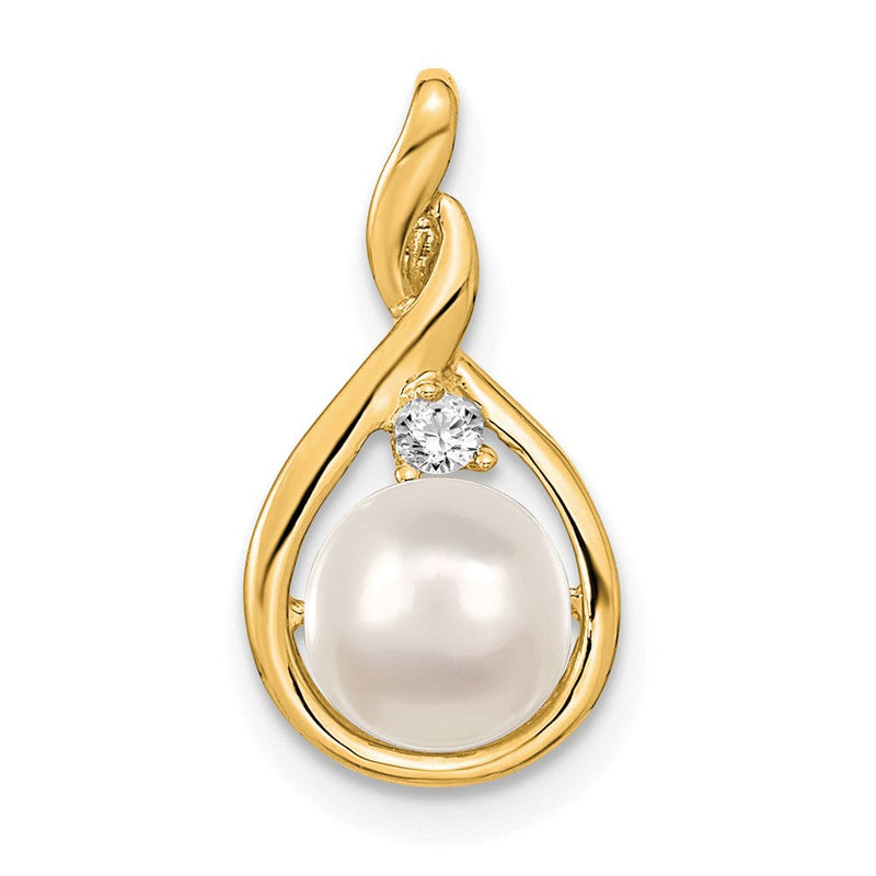 14K Gelbgold 7 mm Anhänger mit weißer runder gezüchteter Süßwasserperle AA und echtem Diamant