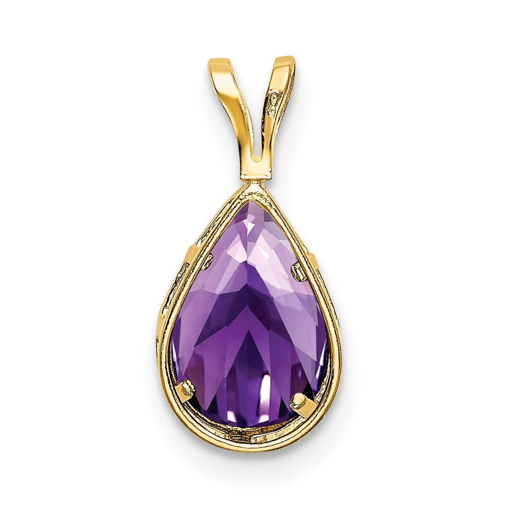 14K Gelbgold 9x6mm Birnen-Amethyst Schachbrettschliff-Anhänger mit Zargenfassung