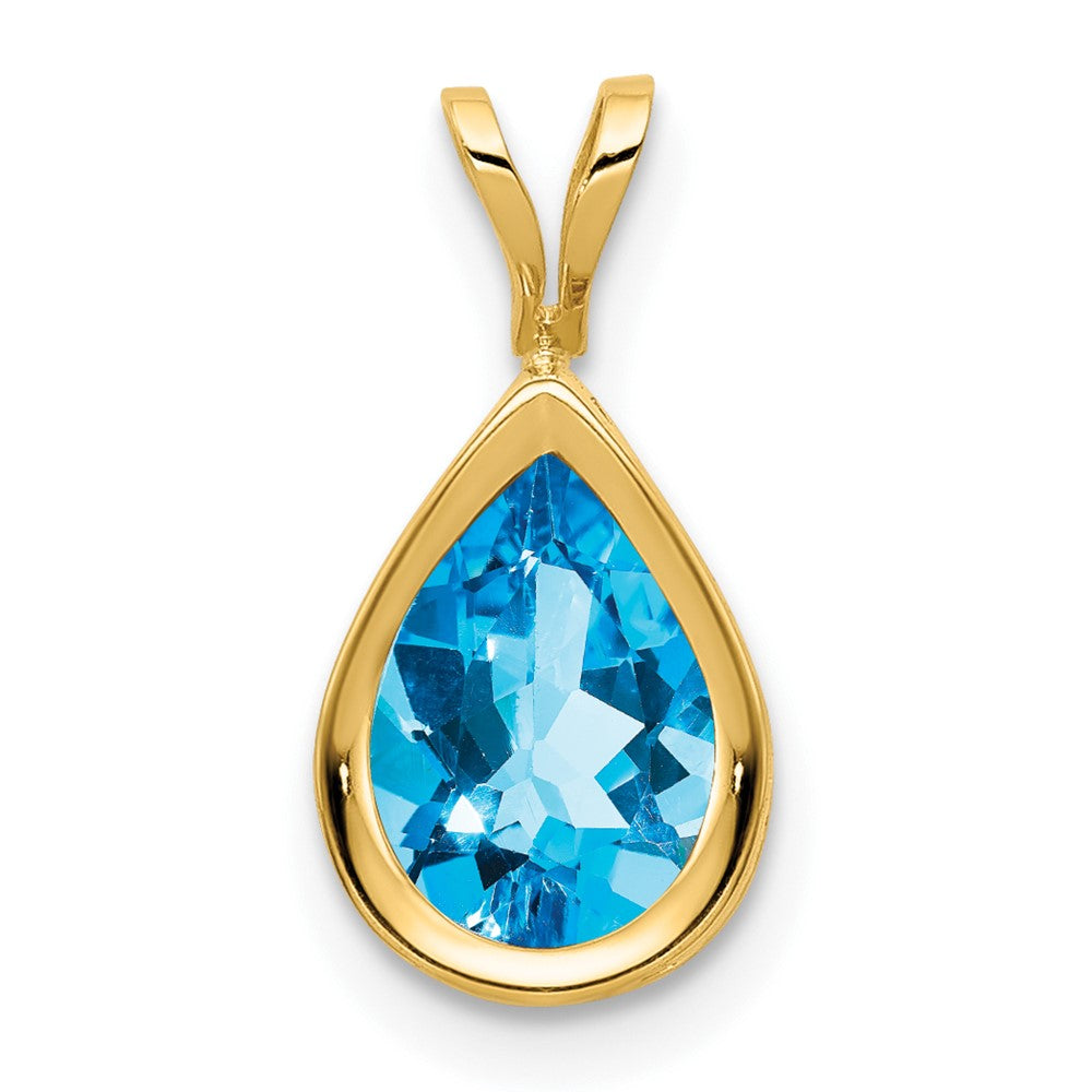 14K Gelbgold Anhänger mit 9x6 mm birnenförmigem Blautopas im Schachbrettschliff, Zargenfassung