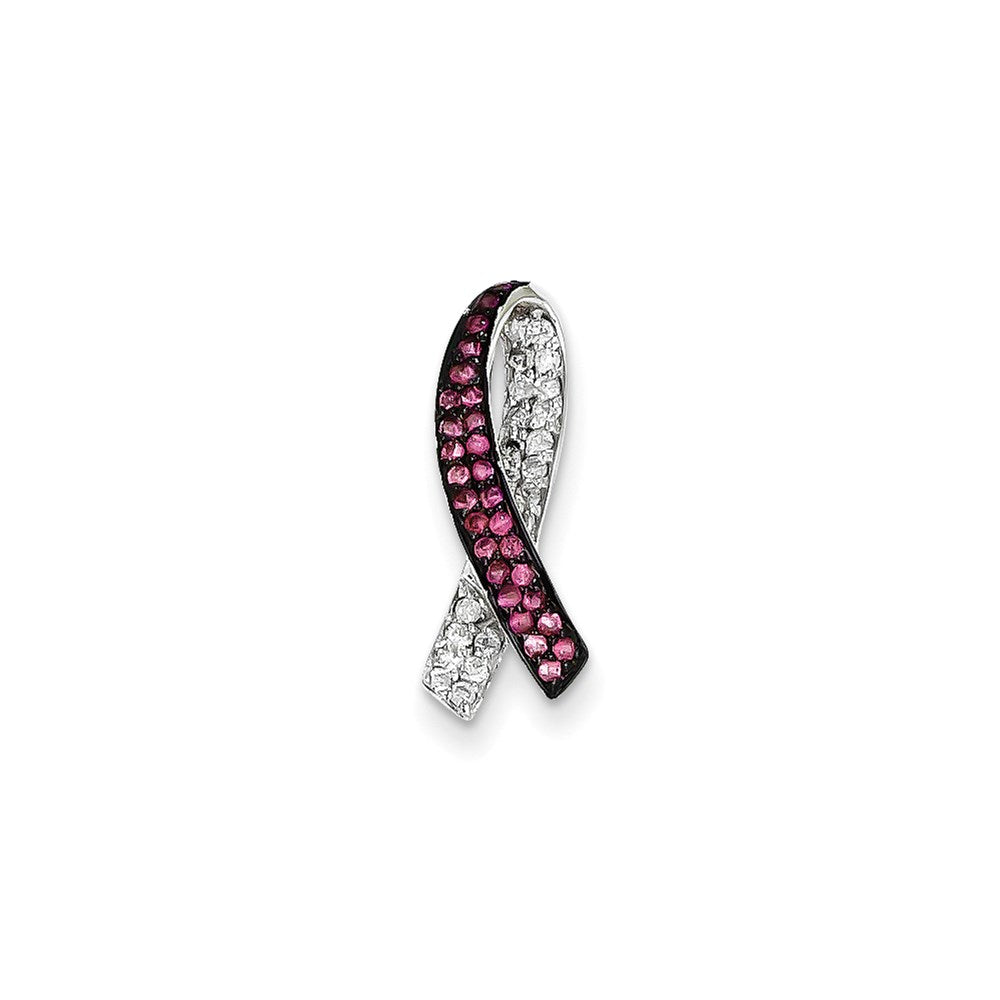 14k Weißgold Anhänger mit echtem Diamant und rosa Saphir, Awareness-Gleitanhänger