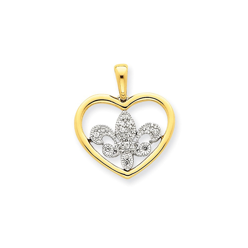 14K Bicolor-Gold Echt-Diamant-Herz-Anhänger mit Fleur-de-Lis