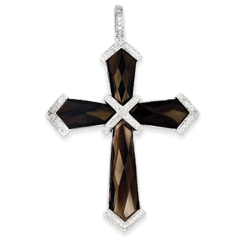 14K Weißgold Anhänger mit Diamant und Rauchquarz im Kreuz-Design