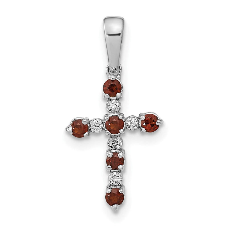 14K Weißgold Kreuz-Anhänger mit Granat und Diamanten