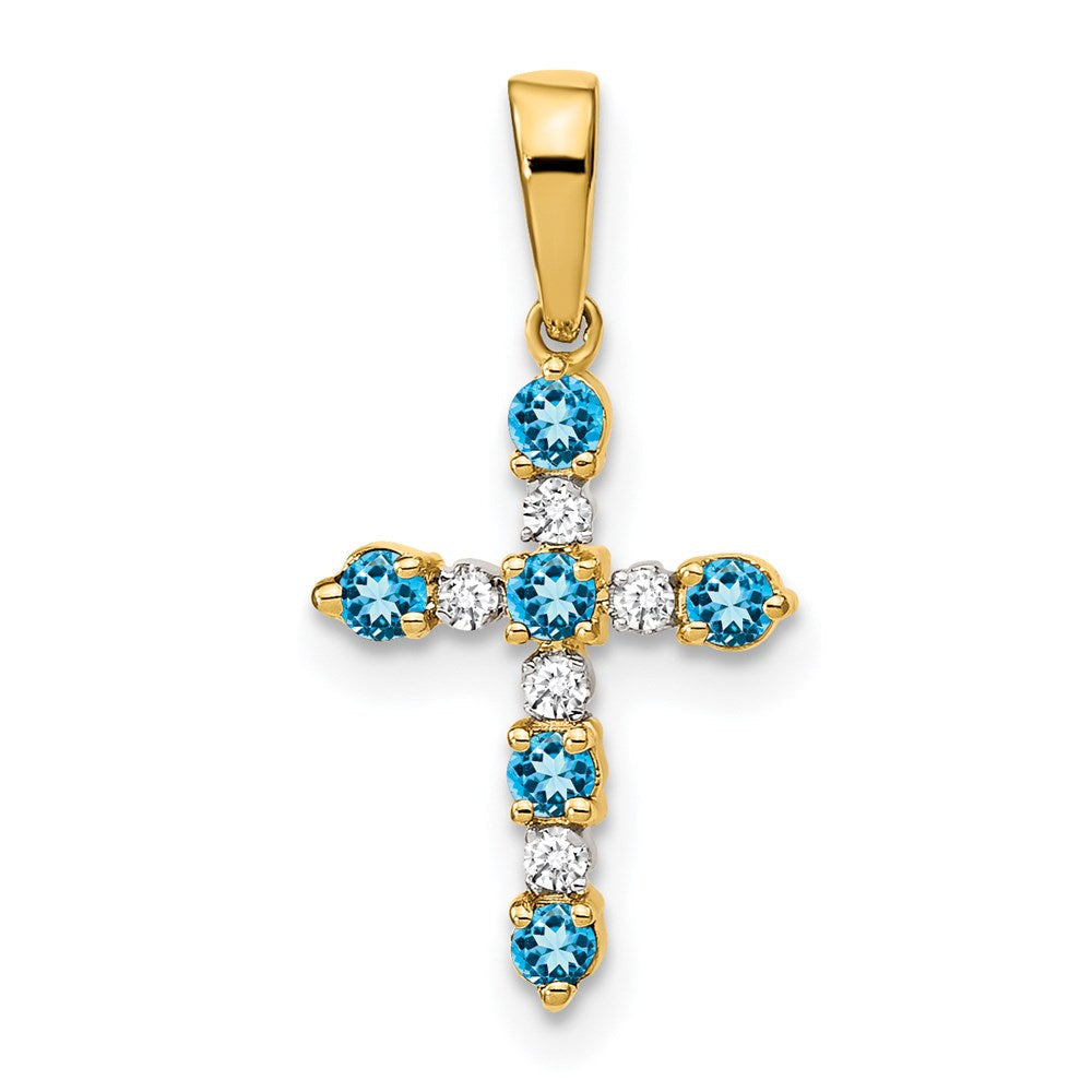 14K Gelbgold 14K Blautopas und Diamant Kreuz Anhänger
