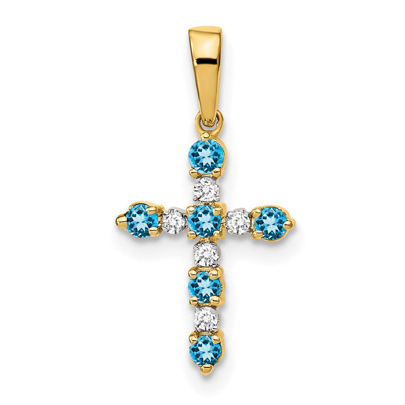 14K Gelbgold 14K Blautopas und Diamant Kreuz Anhänger
