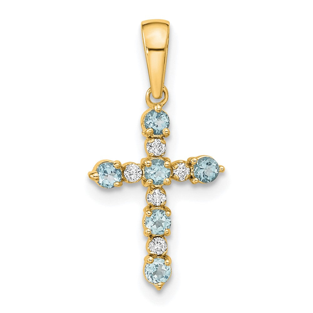 14K Gelbgold Aquamarin und Diamant Kreuz Anhänger