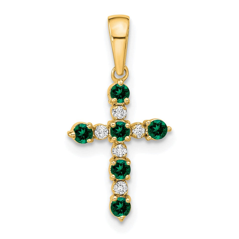 14K Gelbgold Im Labor Erzeugt Smaragd und Diamant Kreuz Anhänger