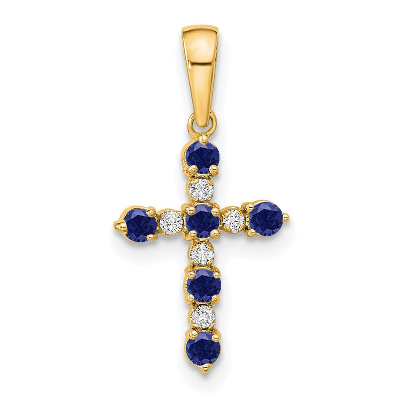 14K Gelbgold Im Labor Erzeugt Saphir und Diamant Kreuz Anhänger