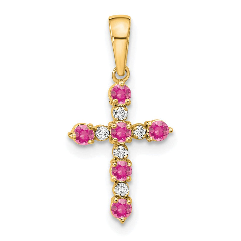 14K Gelbgold Rosa Turmalin und Diamant Kreuz Anhänger