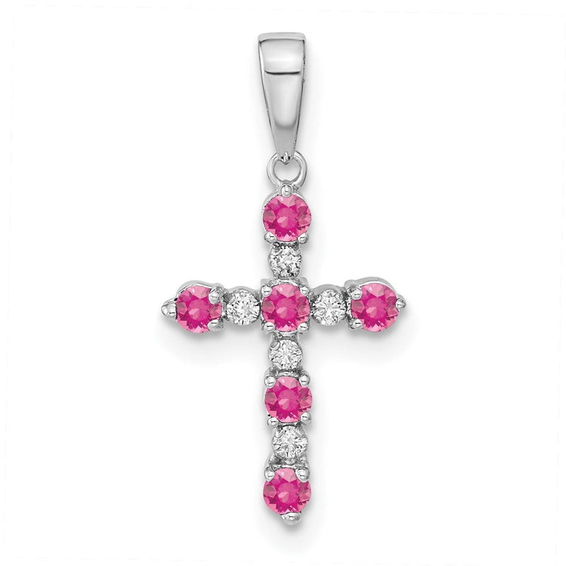 14K Weißgold Rosa Turmalin und Diamant Kreuz Anhänger