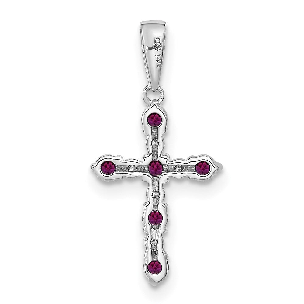 14K Weißgold Rhodolith Granat und Diamant Kreuz Anhänger