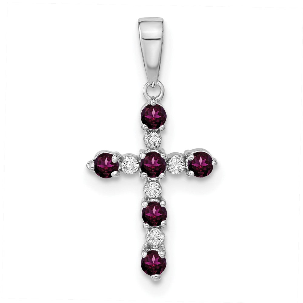 14K Weißgold Rhodolith Granat und Diamant Kreuz Anhänger