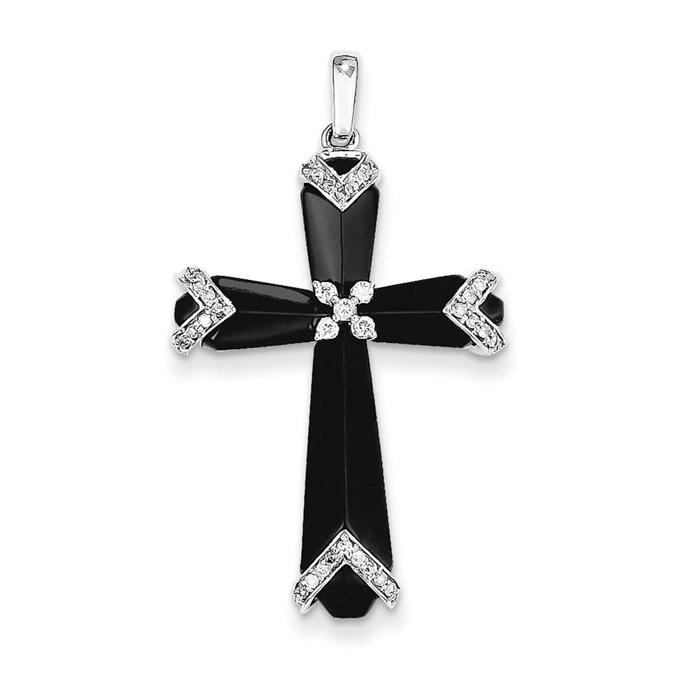 14K Weißgold Kreuz-Anhänger mit schwarzem Onyx & echten Diamanten