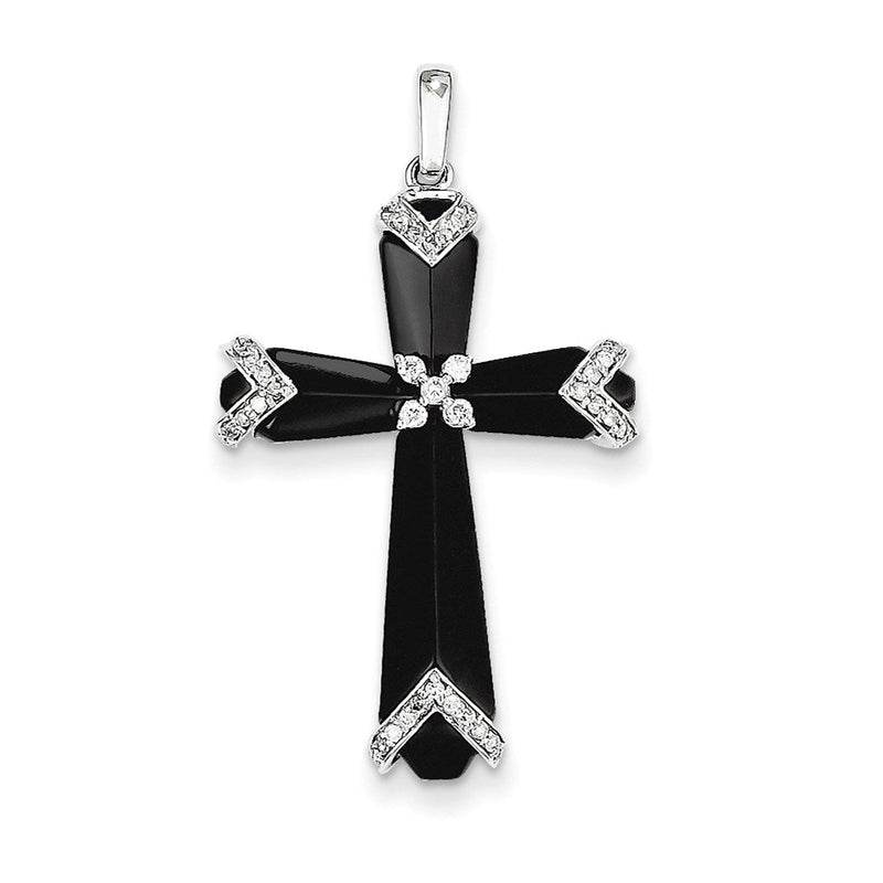 14K Weißgold Kreuz-Anhänger mit schwarzem Onyx & echten Diamanten