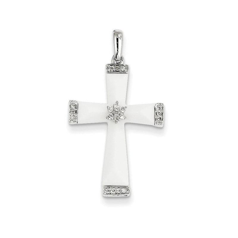 14K Weißgold Kreuzanhänger mit weißem Achat und Diamant