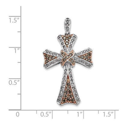 14K Weißgold Anhänger mit Rosé-Rhodium, Kreuz mit Champagner- und weißen Diamanten