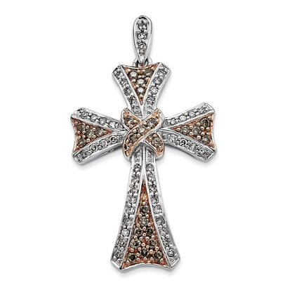14K Weißgold Anhänger mit Rosé-Rhodium, Kreuz mit Champagner- und weißen Diamanten