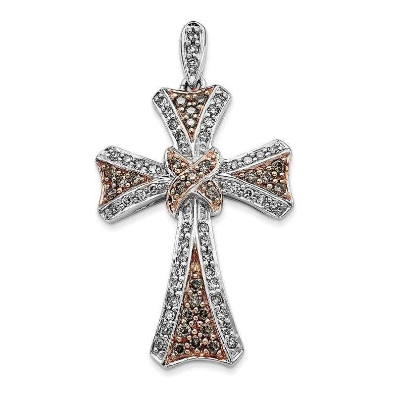 14K Weißgold Anhänger mit Rosé-Rhodium, Kreuz mit Champagner- und weißen Diamanten