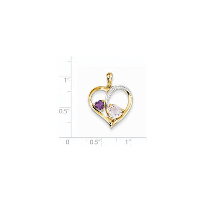 14K Gelbgold Anhänger mit Diamant, rosa Quarz und Amethyst in Herzform