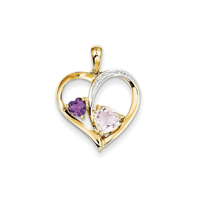 14K Gelbgold Anhänger mit Diamant, rosa Quarz und Amethyst in Herzform