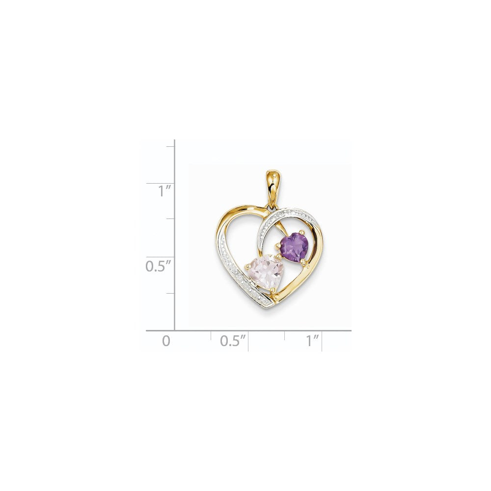 14K Herzanhänger mit Diamant, Rosenquarz und Amethyst