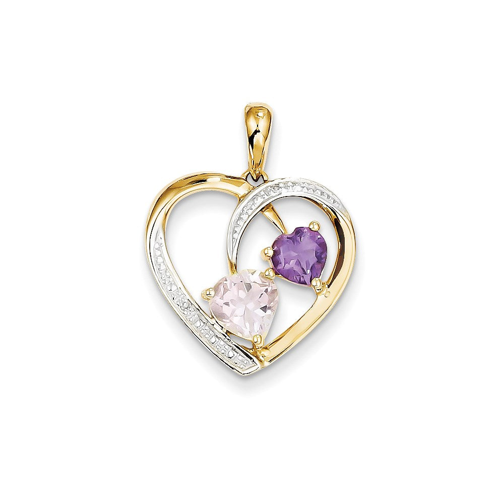 14K Herzanhänger mit Diamant, Rosenquarz und Amethyst