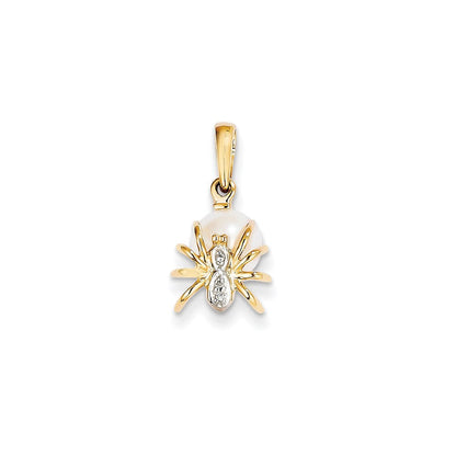 14K Gelbgold Spinnen-Anhänger mit echten Diamanten und 7-8 mm Süßwasser-Zuchtperlen