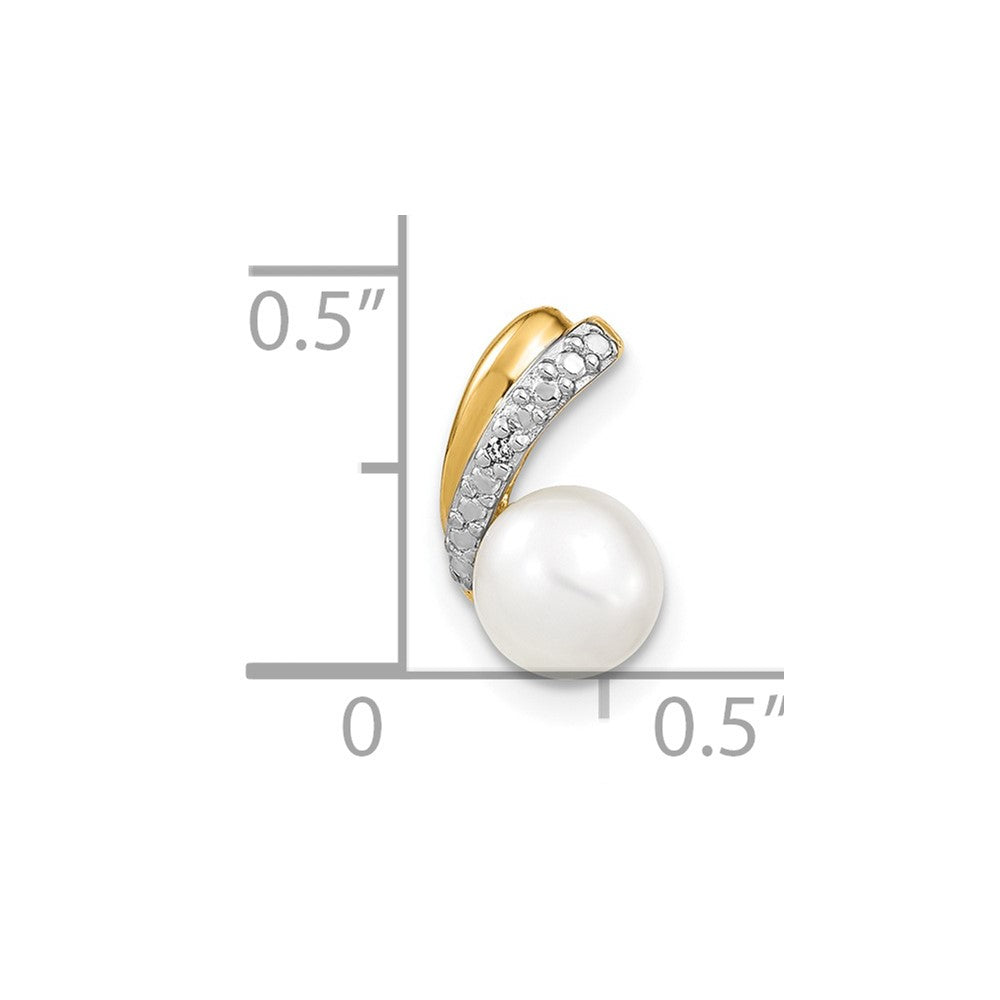 14K Gelbgold Anhänger mit weißen runden Zuchtperlen, 6-7 mm, und echten Diamanten