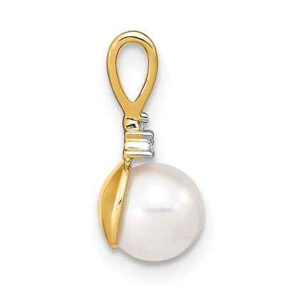 14K Gelbgold Anhänger mit weißen runden Süßwasser-Zuchtperlen (6-7 mm) und Diamanten