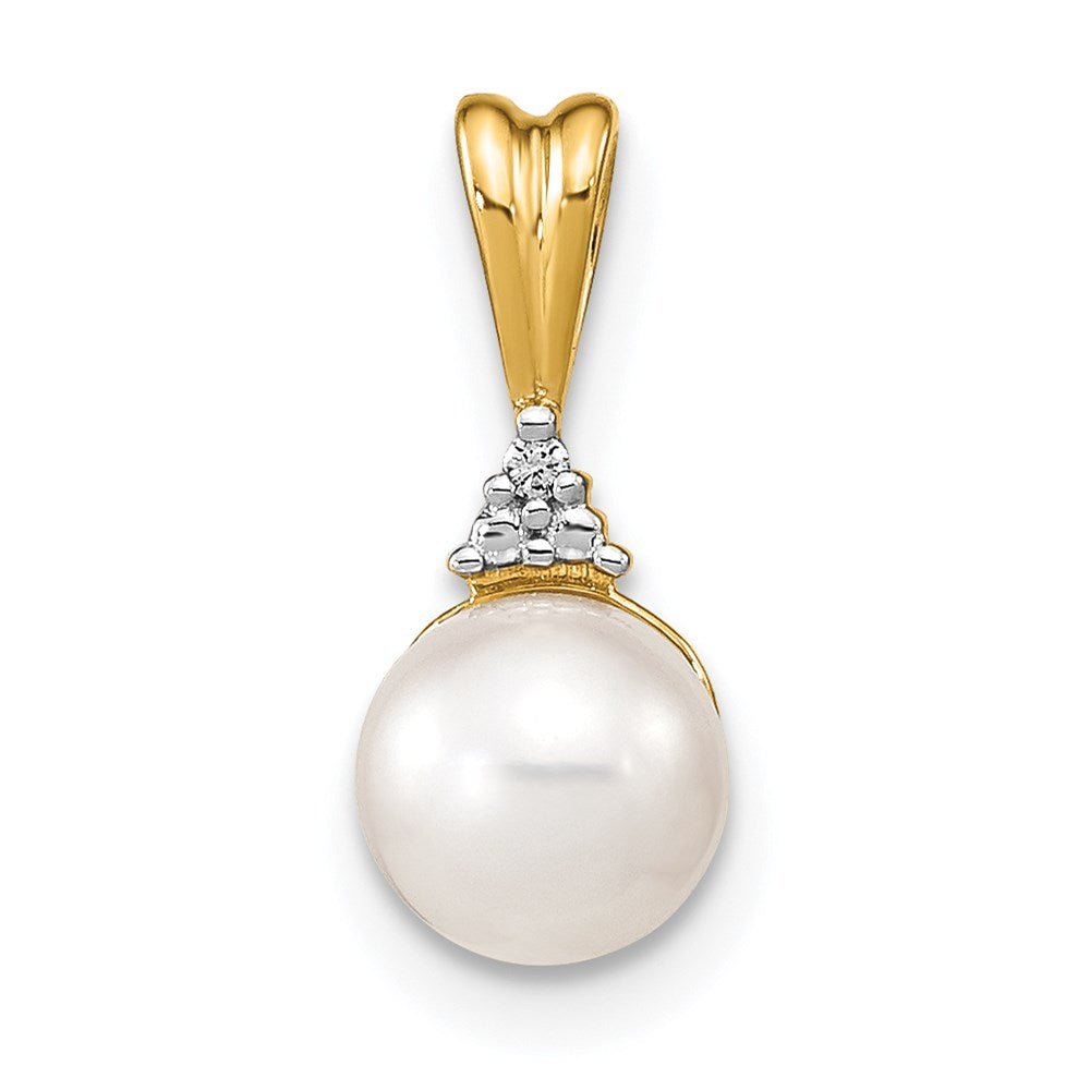 14K Gelbgold Anhänger mit weißen runden Süßwasser-Zuchtperlen (6-7 mm) und Diamanten