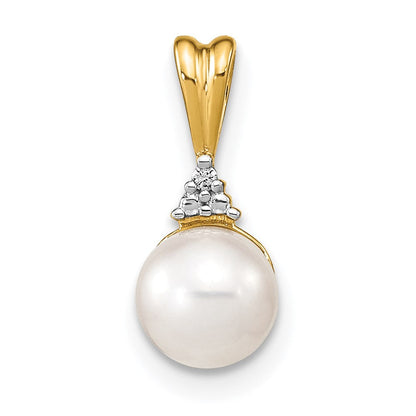 14K Gelbgold Anhänger mit weißen runden Süßwasser-Zuchtperlen (6-7 mm) und Diamanten