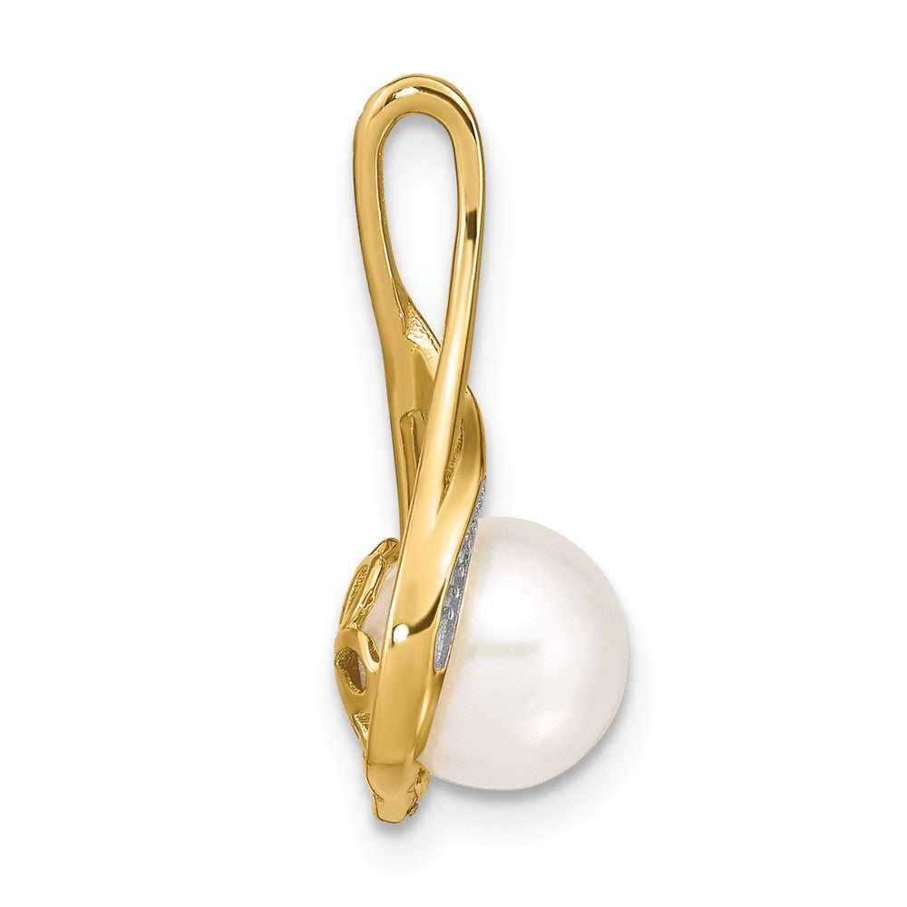 14K Weißgold Anhänger mit 7-8-mm-runden weißen Süßwasser-Zuchtperlen und Diamanten