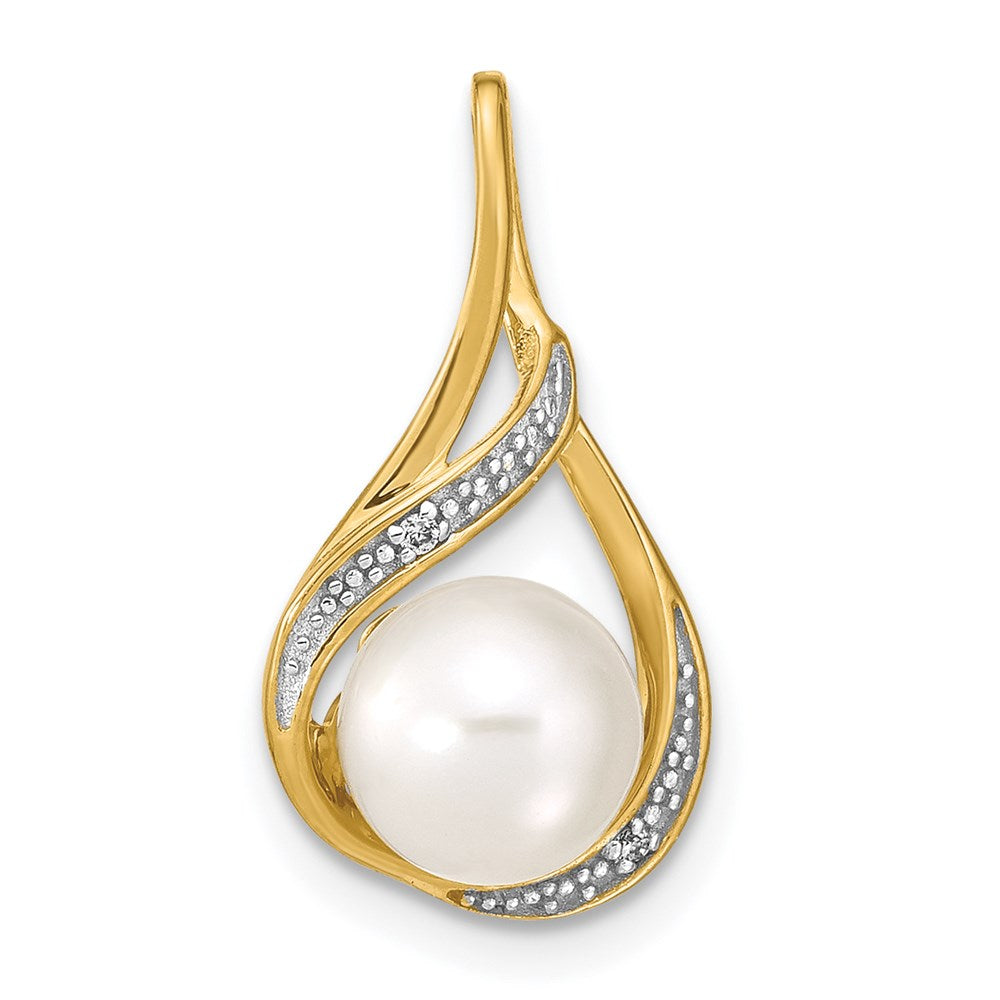 14K Weißgold Anhänger mit 7-8-mm-runden weißen Süßwasser-Zuchtperlen und Diamanten
