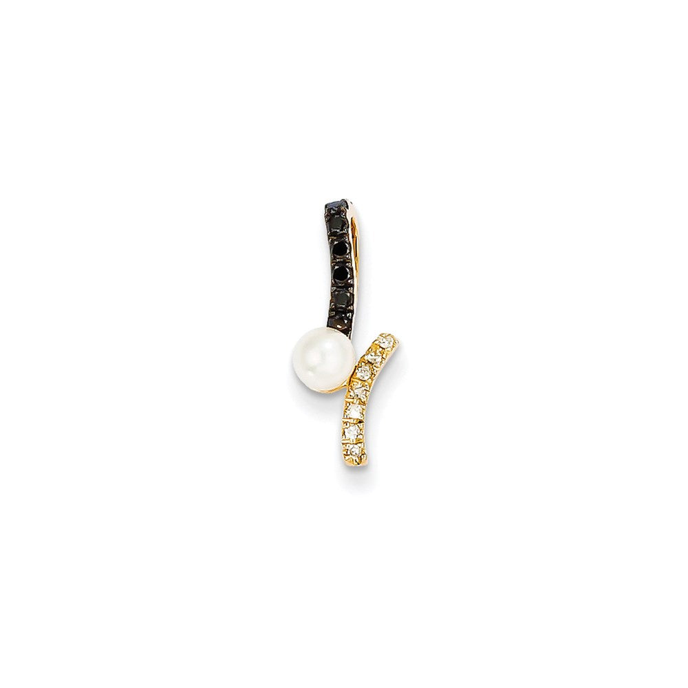 14K Gelbgold Anhänger mit schwarzen & weißen echten Diamanten und 4-5mm runden Süßwasser-Zuchtperlen