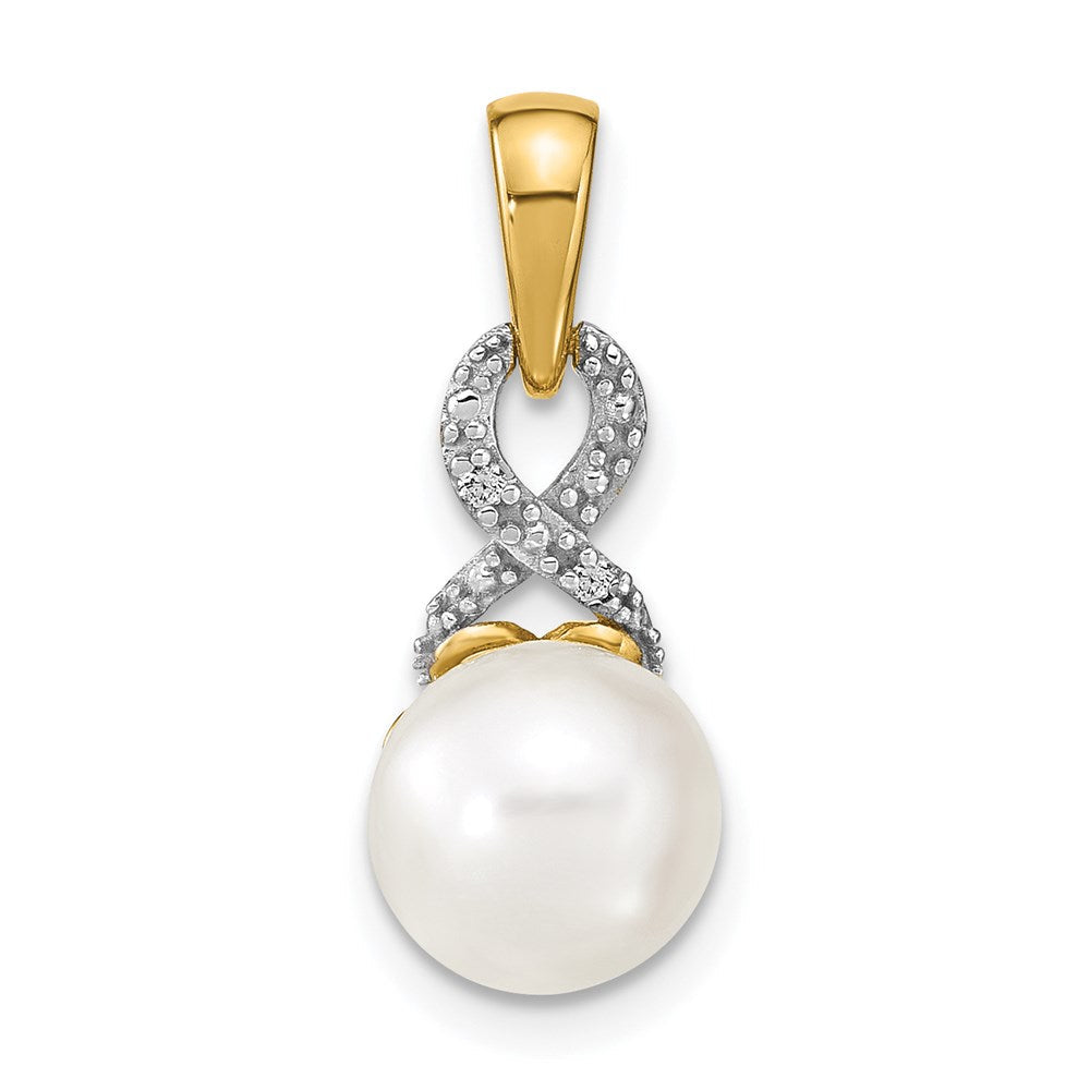 14K Gelbgold Süßwasserzuchtperlen- und Diamant-Anhänger 7-8 mm