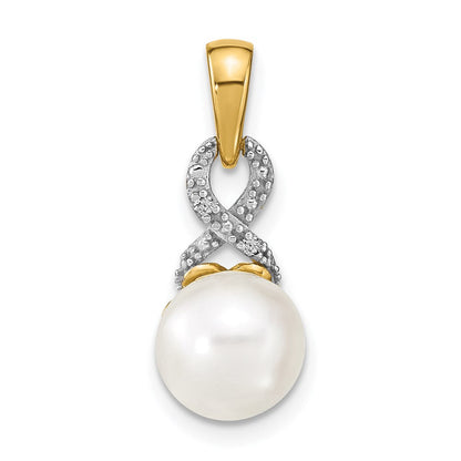 14K Gelbgold Süßwasserzuchtperlen- und Diamant-Anhänger 7-8 mm