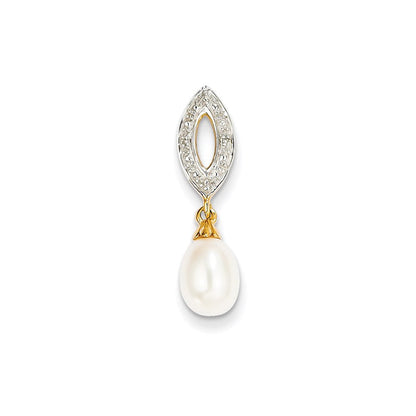 14K Gelbgold Anhänger, oval, mit echten Diamanten und 8x6 mm Süßwasser-Zuchtperle