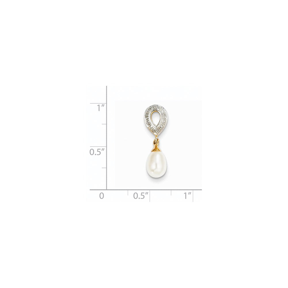 14K Gelbgold Anhänger mit echten Diamanten und 8x6mm eiförmiger Süßwasser-Zuchtperle