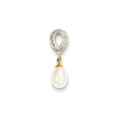 14K Gelbgold Anhänger mit echten Diamanten und 8x6mm eiförmiger Süßwasser-Zuchtperle