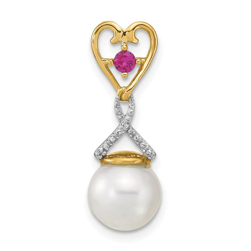 14K Gold Anhänger mit Diamant, runden 8-9 mm Zuchtperlen und synthetischem Rubin-Komposit