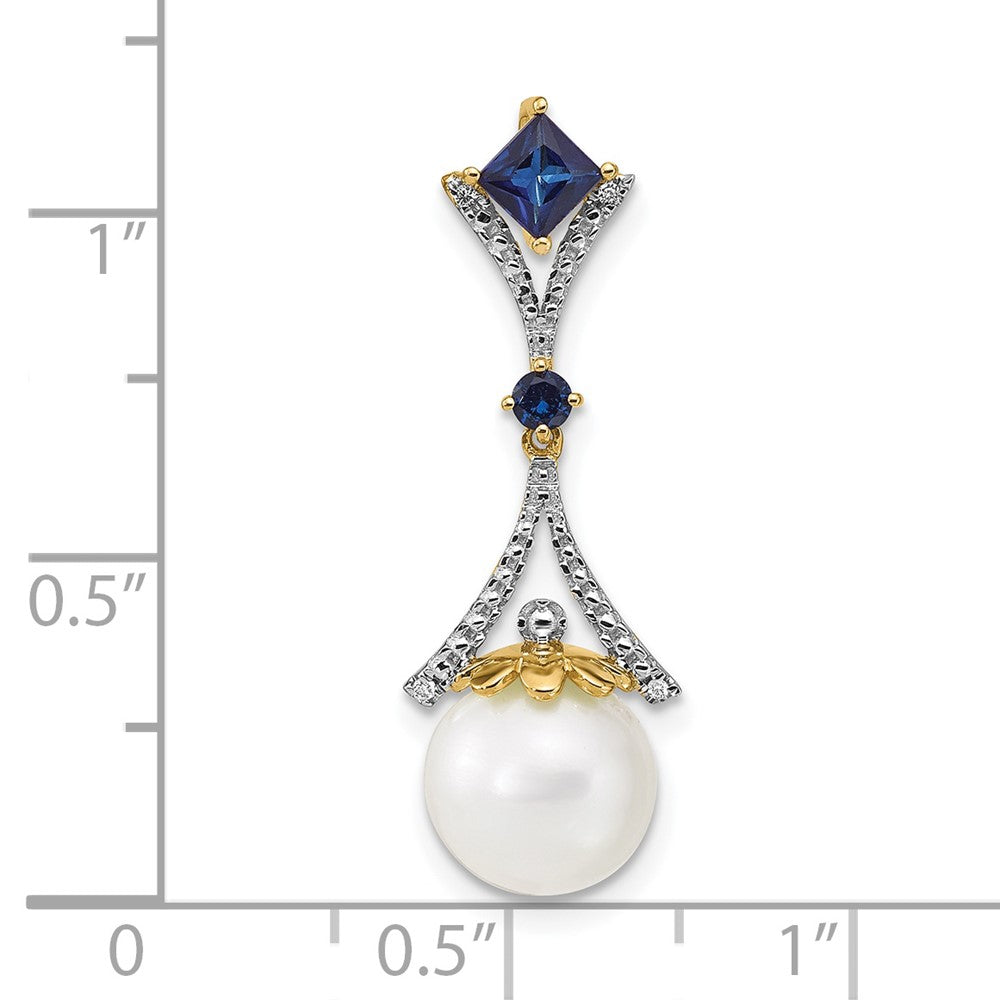 14K Gelbgold Diamant-Anhänger mit 8-9 mm runder Süßwasser-Zuchtperle und synthetischem Saphir