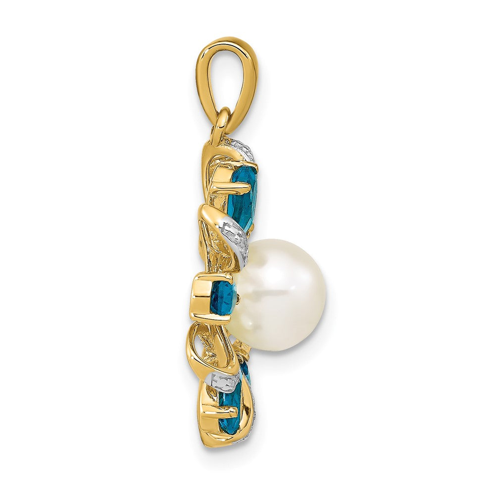 14K Gelbgold Anhänger mit Diamant, 6-7-mm-Button-Zuchtperlen und London-Blue-Topas