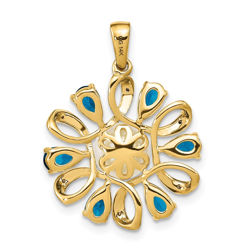 14K Gelbgold Anhänger mit Diamant, 6-7-mm-Button-Zuchtperlen und London-Blue-Topas