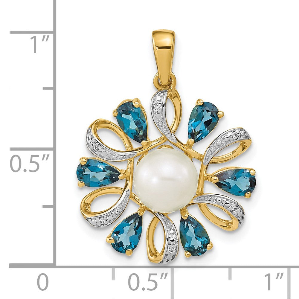 14K Gelbgold Anhänger mit Diamant, 6-7-mm-Button-Zuchtperlen und London-Blue-Topas