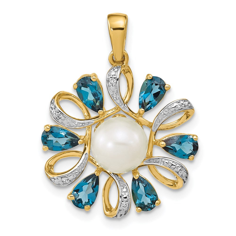 14K Gelbgold Anhänger mit Diamant, 6-7-mm-Button-Zuchtperlen und London-Blue-Topas