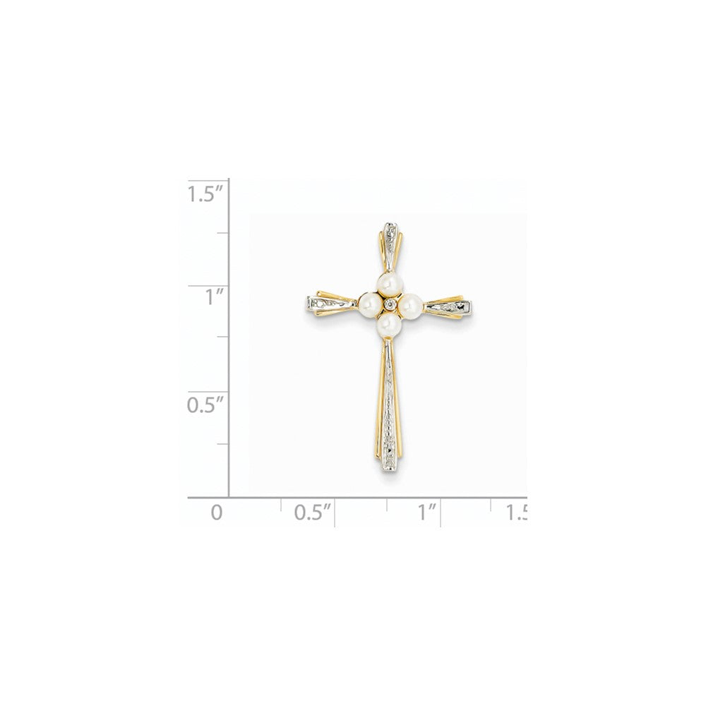 14K Gelbgold Kreuzanhänger mit echten Diamanten und 3-4 mm Zuchtperlen (Süßwasser)