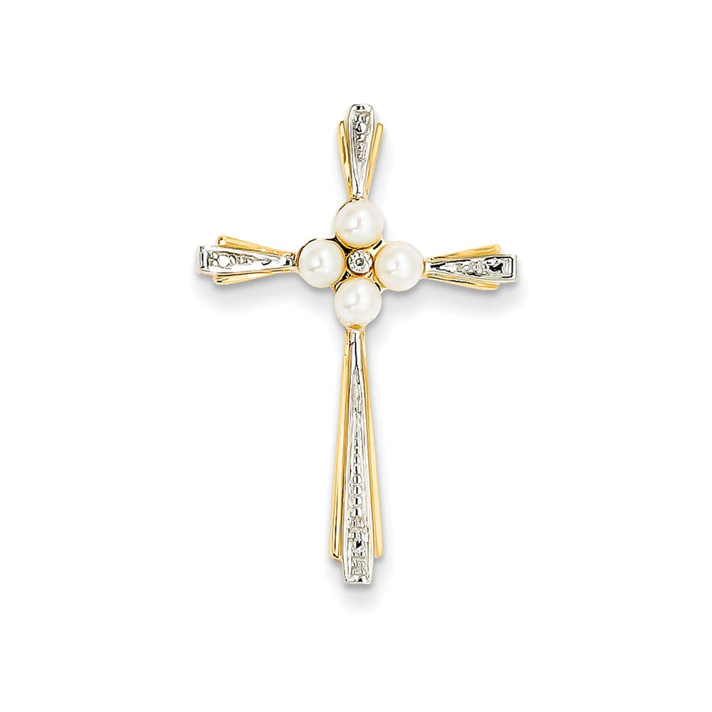 14K Gelbgold Kreuzanhänger mit echten Diamanten und 3-4 mm Zuchtperlen (Süßwasser)