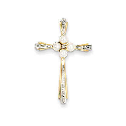 14K Gelbgold Kreuzanhänger mit echten Diamanten und 3-4 mm Zuchtperlen (Süßwasser)