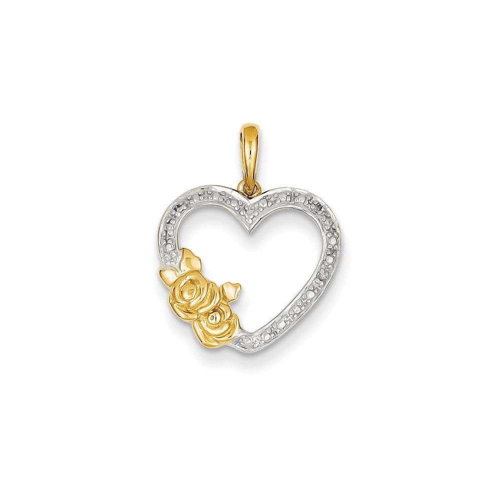 14K Gelbgold Anhänger mit echten Diamanten und Rhodium, Herz und Blumen
